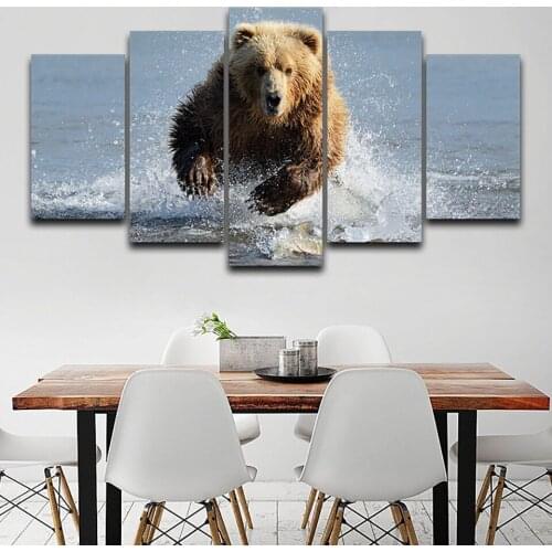HD Printed Canvas Poster Home Decor 5 Panel Grizzly Bear Running River Framed Wall Art Painting Living Room Modular Pictures