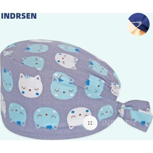 Unisex Working Surgicals Cap Cats Printed with Buttons Cotton Dustproof Daily cleaning Chef Lab Pet Nursing Scrub Caps