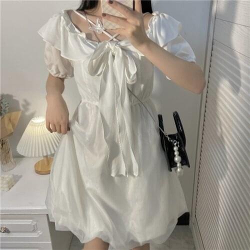 Summer Fairy Sweet Princess Dress Female Puff Sleeve Lace Bow High Waist Ball Gown Dresses Fashion French White Puff Dress Women