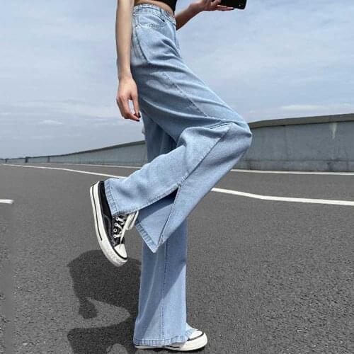 Summer Jeans Tencel Oversized Jeans Elastic High Waist Loose Wide Leg Jeans Long Pants with Split Ice Silk Ultra-thin Pants