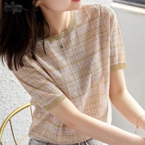 Summer New Light Luxury Slim Wild Womens Shirt Chic Plaid Short Sleeve Knitted Top Vintage Womens Clothing Korean Blouse 14656