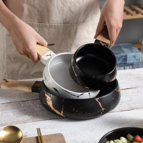 Nordic simple matte glazed marble ceramic tableware creative wooden handle salad baking milk bowl