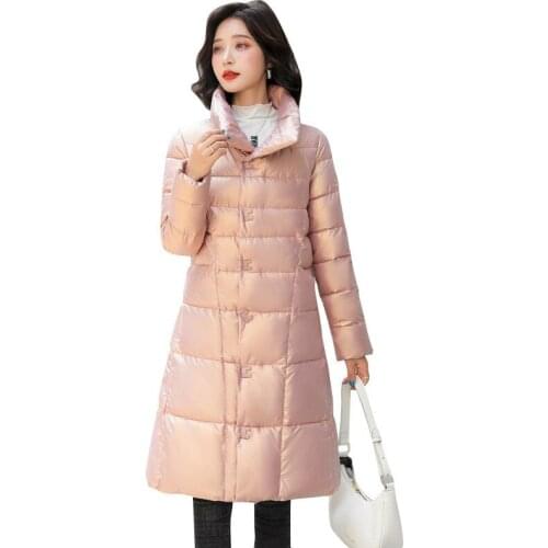 Fashion Shiny Mid-length Cotton Coat Women 2021 Winter New Korean Version Slim A-line Stand Collar Down Cotton Jacket JD1689