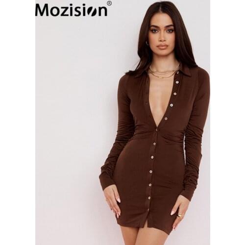 Mozision Turn-Down Collar Single Breasted Blouse Dress Women Sexy Long Sleeve Mini Dresses Female Elastic Shirt Vestidos Ladies