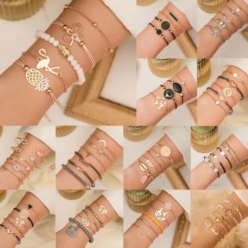 New Bohemian Black Rope Chain Bracelet Set For Women Tassel Shell Geometry Map crystal Charm Bangle Boho Jewelry Gifts New