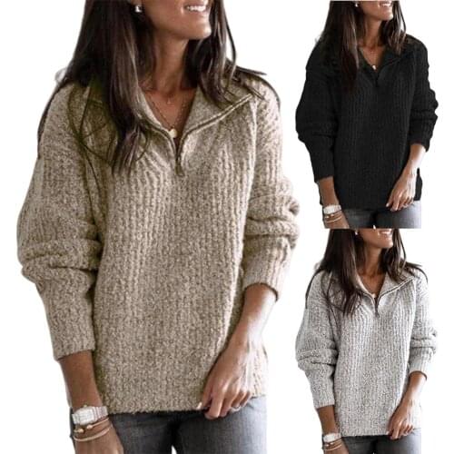 Autumn Winter Sweaters Pullovers Women Casual Lapel Zipper Long Sleeve Knitted Sweaters Pullover Women Knitted Top Sweaters