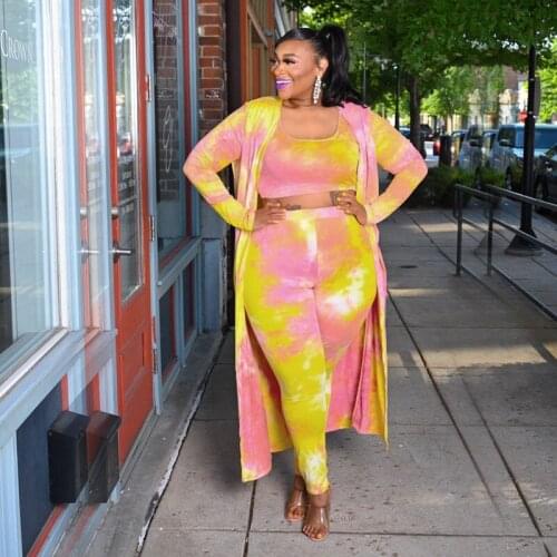 Fall Three Piece Suit Women Set Plus Size Clothing Short Top and Long Sleeve Coat Pant Tie Dye Outfits Dropshipping Wholesale