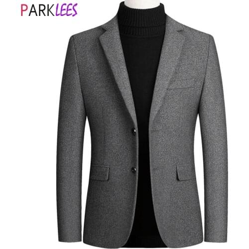 Gray Business Formal Woolen Blazer Jacket Male Single Breasted Slim Fit Mens Cashmere Blazers Casual Warm Tweed Suit Jacket Coat