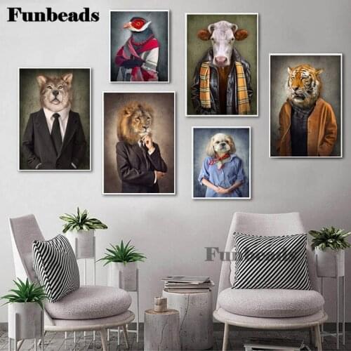 Full square/round diamond cross stitch animal vintage style lion in suit Wolf elephant rhinestone embroidery home decor FF4174