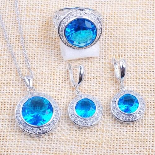 Russian Style For Women Jewelry Sets Round Blue Crystal Cubic Zircon Earrings Ring Necklace Pendant 2020 New