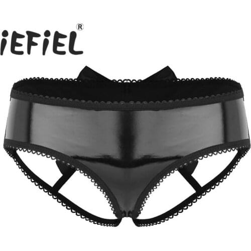 IEFiEL Sexy Women Lingerie Cut Cage-Back Hipster Panty Wet Look Faux Leather Bowknot Low Rise Intimates Women G-String Briefs