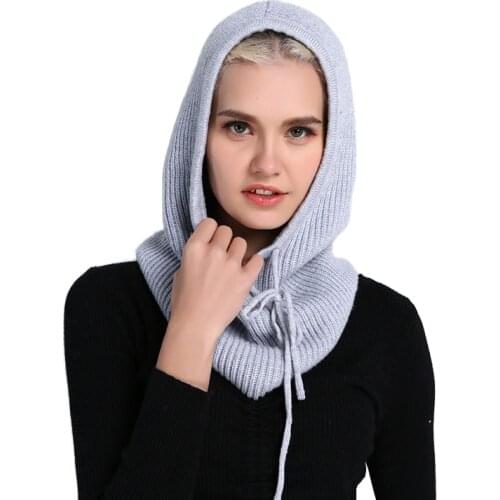 Sparsil Unisex Knitted Cashmere Hooded Neck Collar Cap Head Drawstring Thick Beanie Men&Women Solid Color Adjustable Elastic Hat