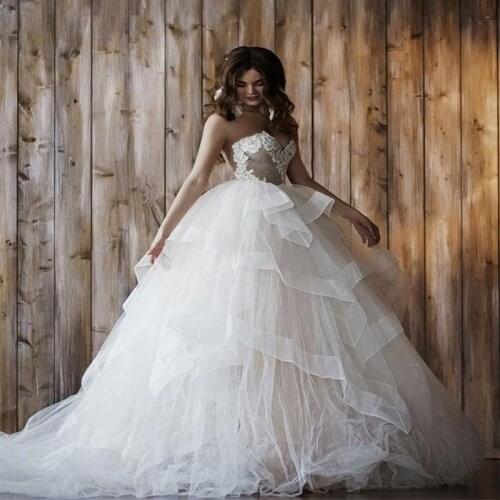 Wedding Dresses With Detachable Train A Line Custom Made Lace Applique Tiered Tulle Bohemian Bridal Gowns Robe De Marié