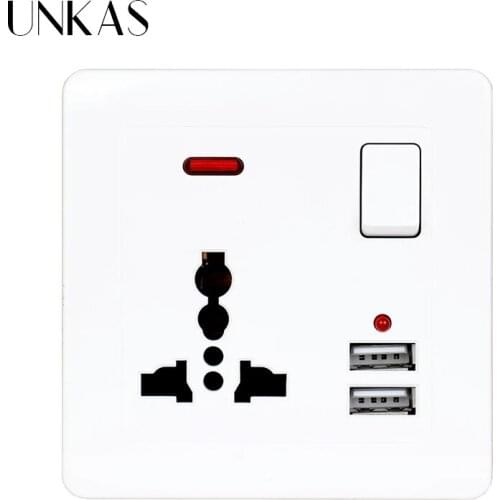 UNKAS White Wall Power Push Button Switch 13A Universal 3 Hole Socket 2.1A Dual USB Charger Port LED Indicator 86MM*86MM Outlet