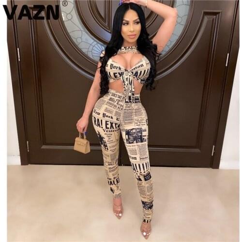 VAZN 2020 Hot Popular Letter Vintage Sexy Club Open Hollow Out Bandage Top Suits Group Long Pencil Pants Women 2 Piece Set