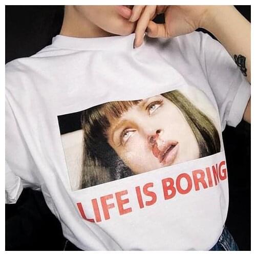 GAAJ Pulp Fiction Quentin Tarantino Streetwear Life is Boring T Shirt Women Ulzzang Tops Woman T-Shirt Plus Size Fun Short 5XL