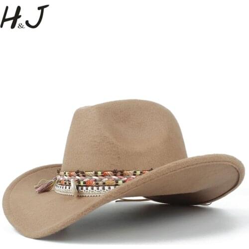 Women Wool Hollow Western Cowboy Hat Lady Jazz Outback Jazz Toca Sombrero Cap Size 56-58CM