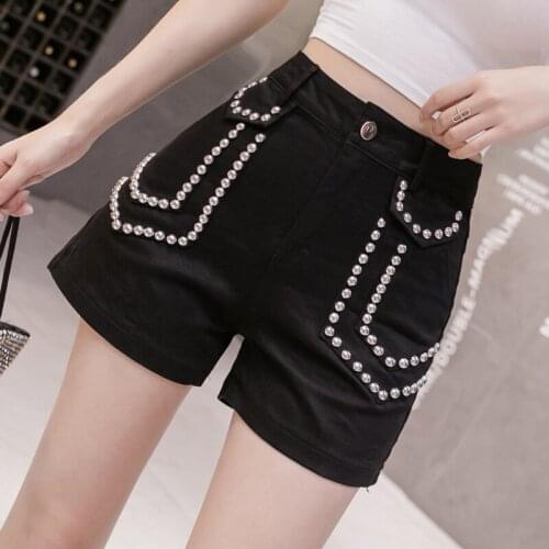 2020 new Korean version of the high waist thin ladies jeans women wide leg rivets straight loose shorts