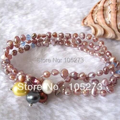 Lovely Pearl Jewelry 7inch 3Rows AA 3-7MM Lavender Mixes Color Natural Freshwater Pearl Bracelet Womens Style New Free Shipping