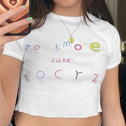 White Crop Top T Shirt Short Sleeve Graphic Printed Y2K Outfits 2021 Sexy Sheath Round Neck Women Summer Tee Shirt