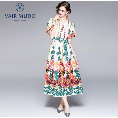 Puff Sleeve Niche Temperament Floral Dress Summer V-Neck Long Dress Print Fashion Elegant V-Neck Chiffon Female Summer Y-217