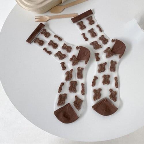 1Pair Japanese Korea Style Socks Womens Casual Creative Transparent Silk Trend Cartoon little bear Ultrathin Glass Silk Socks