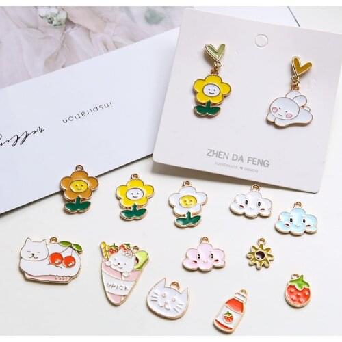10pcs/pack Cartoon Cat Flower Cloud Rabbit Enamel Charms Metal Pendant Earring DIY Fashion Jewelry Making golden color