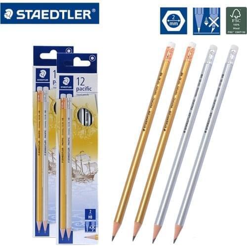12 pens / box STAEDTLER Gold and Silver Pole with Rubber Head Pencil-HB Student Pencil Writing Office Pencil Pencils for School