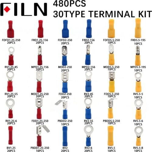 480pcs/BOX 30types Group Combine Boxed Terminal Cold Pressure Electrical Wire Crimp Kit Insulated Spade Butt Connectors Assorted