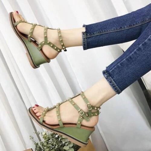 Rivet Sandals Women Fetish Stripper Pumps Luxury Mule Wedges Shoes High Heels Casual Platform Fashion Summer ankle-wrap Sandals
