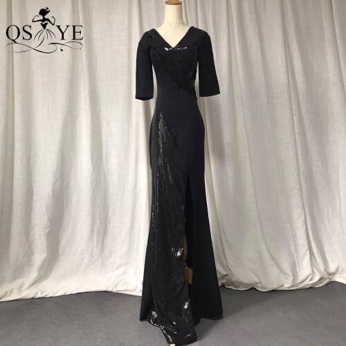 Black Evening Dress Long Sleeves Fit Mermaid Prom Gown V Neck Sequin Formal Dress Sexy Split Lapel Neck Women Party Dress