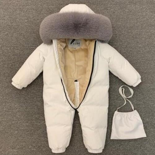 Baby down jumpsuit kids seamless down climb thick Natural large grey fox fur collar