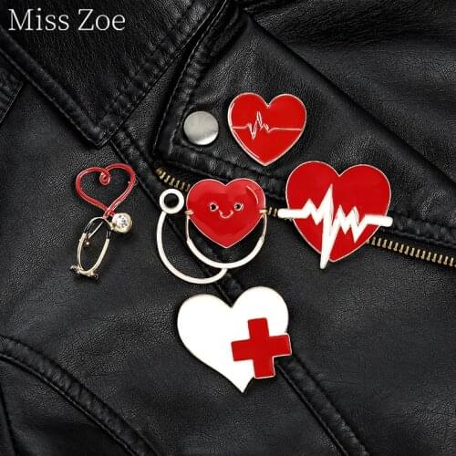 Electrocardiogram Enamel Pins Heartbeat Stethoscope Brooch Lapel Badge Bag Cartoon Jewelry Graduation Gift For Medical Students