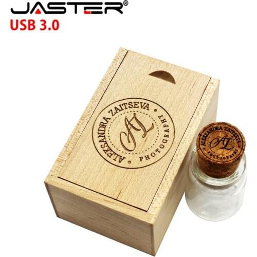 JASTER USB 3.0 LOGO customer Glass drift bottle Cork USB + wooden box USB Flash Drive pendrive 4GB 8GB 16GB 32GB wedding gift