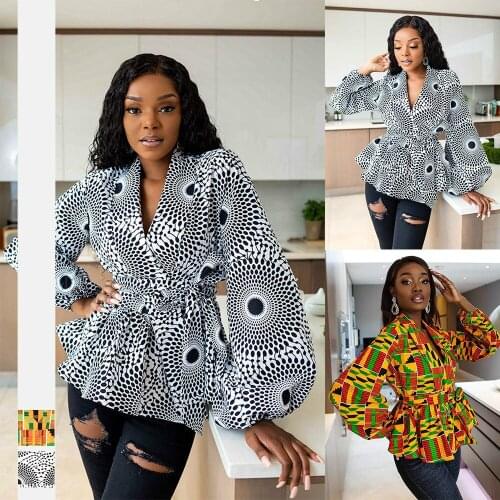 2021 Summer Sexy African Women Printing V-neck Long Sleeve Shirts Africna Clothes African Clothing for Women