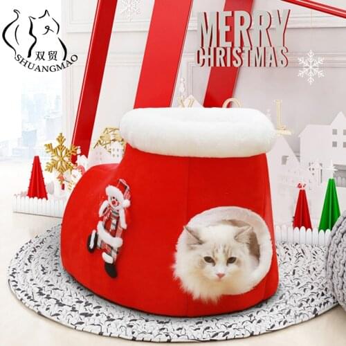 Cute Pet Cat House Christmas Tree Shape Dog Bed Kennel Puppy Cave Warm Sleep Beds Soft Winter Cats House Pets Supplies Pet Bed