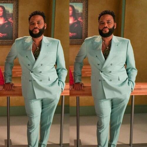 Mint Green Double Breasted Mens Dinner Party Tuxedos Peaked Lapel Two Pieces Wedding Groom Wear Suits(Jacket+Pants)