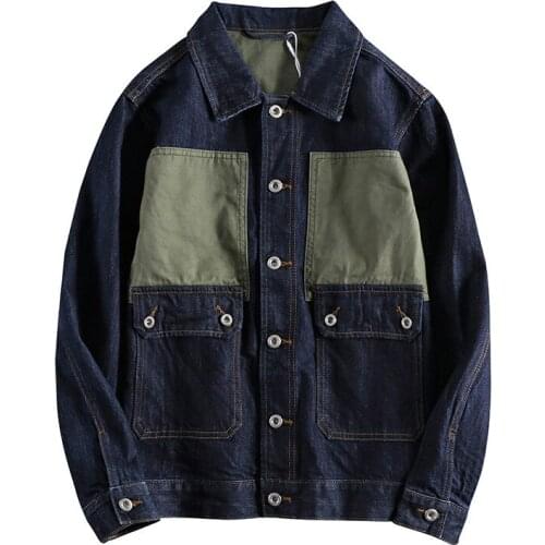 Japanese Harajuku Vintage Washed Big Pockets Patchwork Button Up Deep Blue Denim Jean Jacket Plus Size