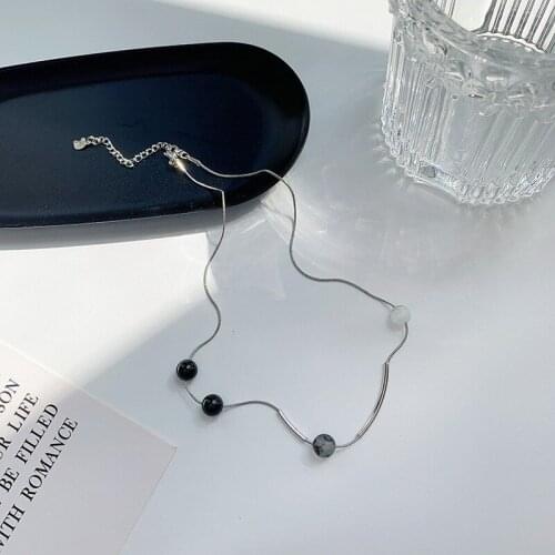 VSnow Minimalist Black Round Bead Opals Chokers Necklace for Women Girls Asymmetric Silver Color Metallic Necklace Jewelry