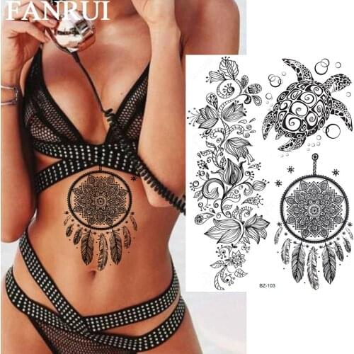 FANRUI Rattan Turtle Black Henna Dream Catcher Feather Temporary Tattoos For Women Sticker Fake Tatoos Sexy Art Custom Tattoo
