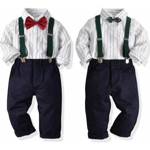Striped Shirt Denim Overalls Sets Clothing Boys British Style Long Sleeved Spring Autumn Costume Fashion Kids Gentleman Outfit
