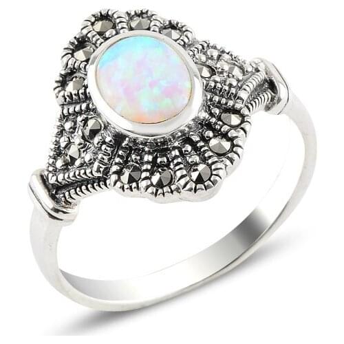 Silver 925 Sterling Opal & Marcasite Ring