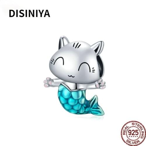 925 Sterling Silver Kitty Mermaid Charm Blue Enamel Bead Pendant for Original Bracelet Bangle DIY Making for Girl SCC271852