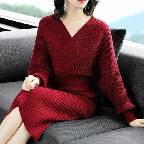 Two Piece Set Women Autumn Winter Sweater Suit Bright Silk V Neck Lantern Sleeve Pullover Sweater +Pencil Skirt Suits 84