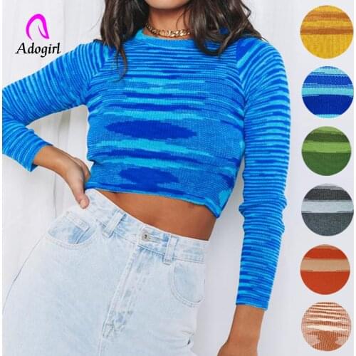 Stripes Women Sweater Knitted 2021 Autumn Long Sleeve Crop Top Sexy Night Club Party Pullover Winter Top Slim Neon Femme Jumper