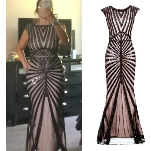 Women 1920s Long Prom Flapper Gown Beaded Sequin Vintage Maxi Wedding Gatsby Formal Party Dress (Black/Pink/Green/Silver)