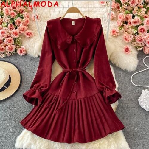 ALPHALMODA 2021 Autumn New College Style Age-reducing Sweet Doll Collar Long Sleeve Slim Pleated Dress Girls Preppy Style Dress