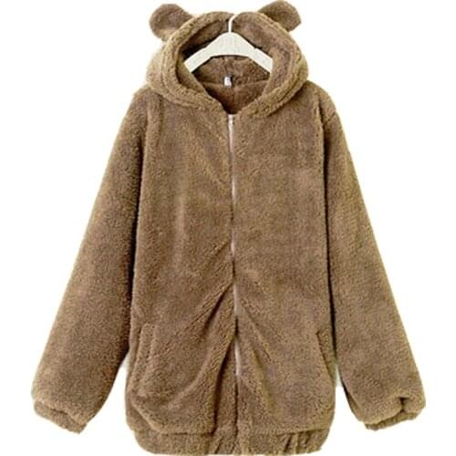 2020 Winter Cute Little Bear Bunny Ears Small Tail Cartoon Plush Lady Hoodie Mid-length Long Solid Color Loose Zipper Girl Coat