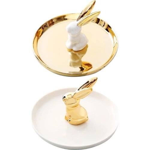 Golden Dish White Rabbit Jewelry Tray Ring Bracelet Necklace Display Showcase