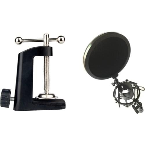 1 Set Microphone Mic Shock Mount with Shield Articulating Head Telescoping & 1 Pcs Metal Table Mounting Clamp